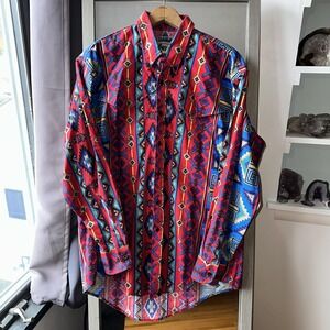 Plainsman Western Shirt Mens Extra Large Red Blue Aztec Southwest Long Sleeve‎